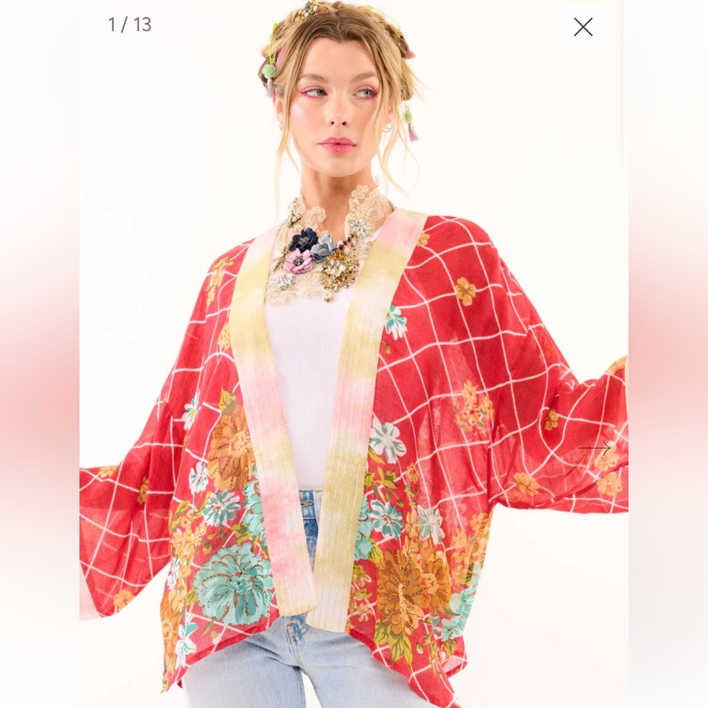Aratta Red Floral Kimono Short Robe NWD